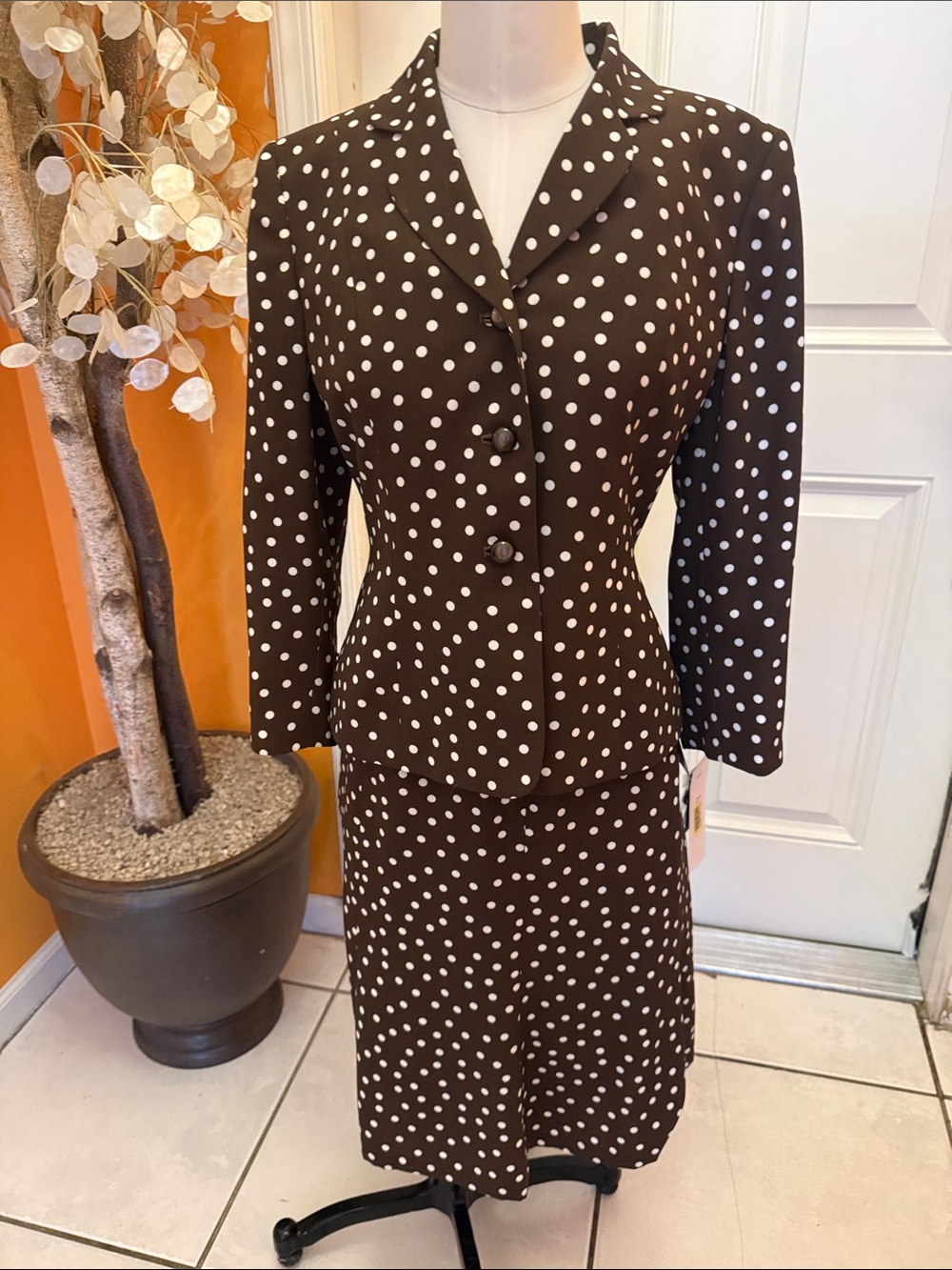 Women's Brown Polka Dot Long Sleeve Dress with Jacket